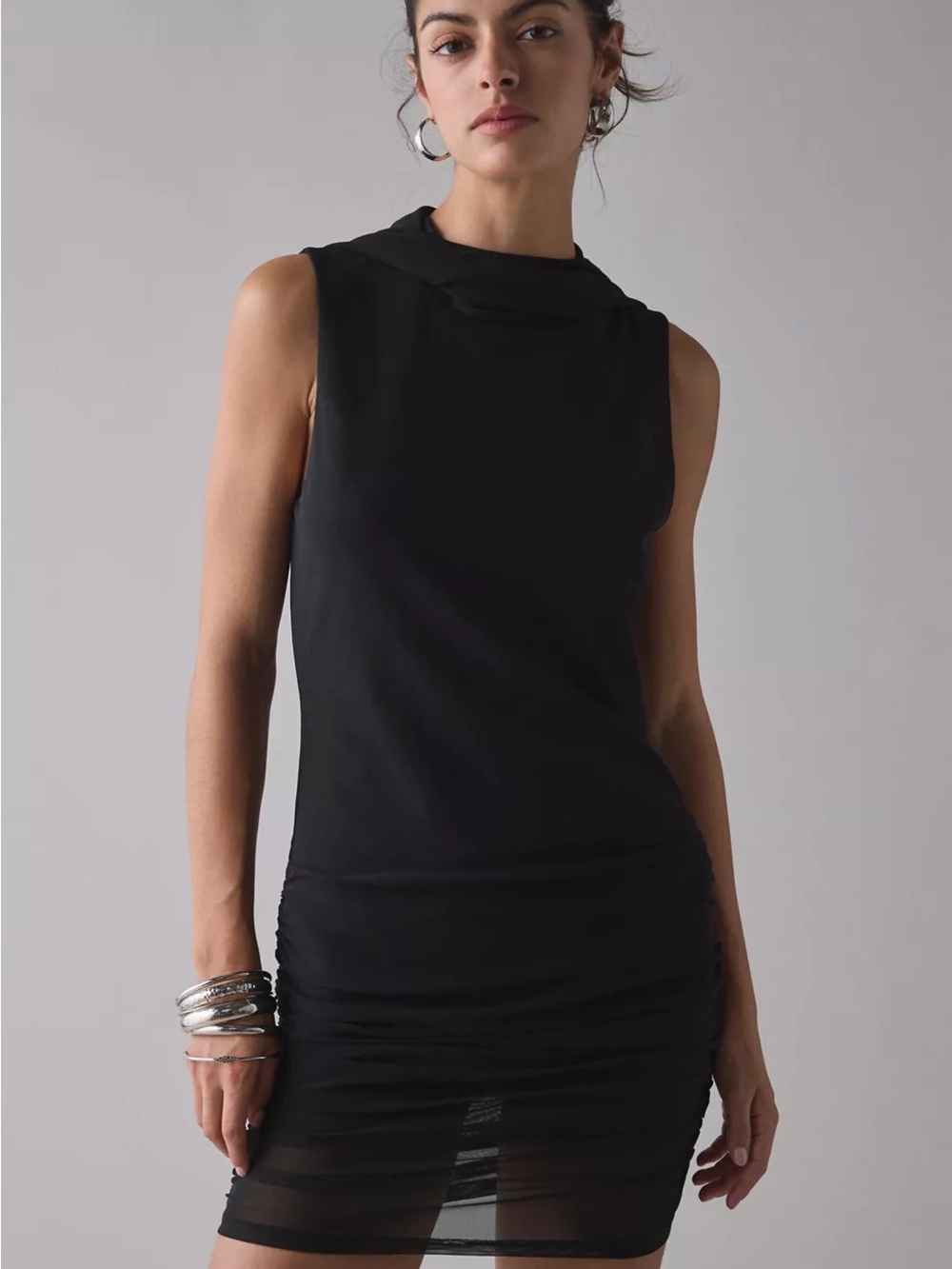 NWT Lioness Ethereal Onyx Semi-Sheer Jersey Cowl Hooded Mini Dress